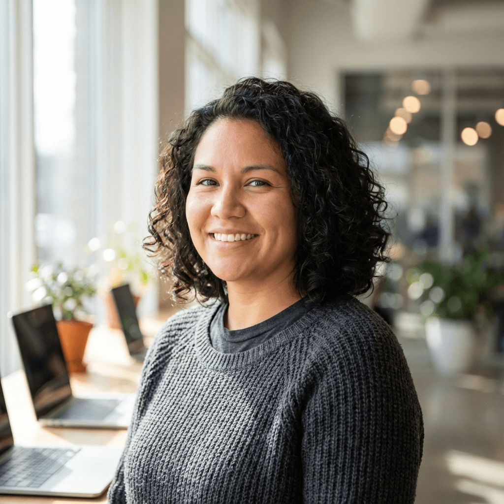 Female alumna in her early 40s with a warm smile near a window