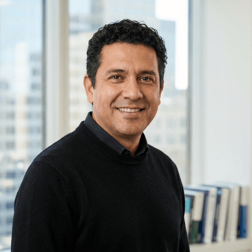 Male investor in his late 40s in a modern office with a laptop