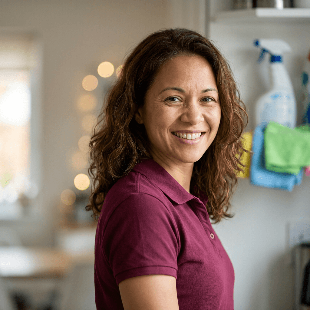 Maria S. standing near a window in the housing home, looking hopeful