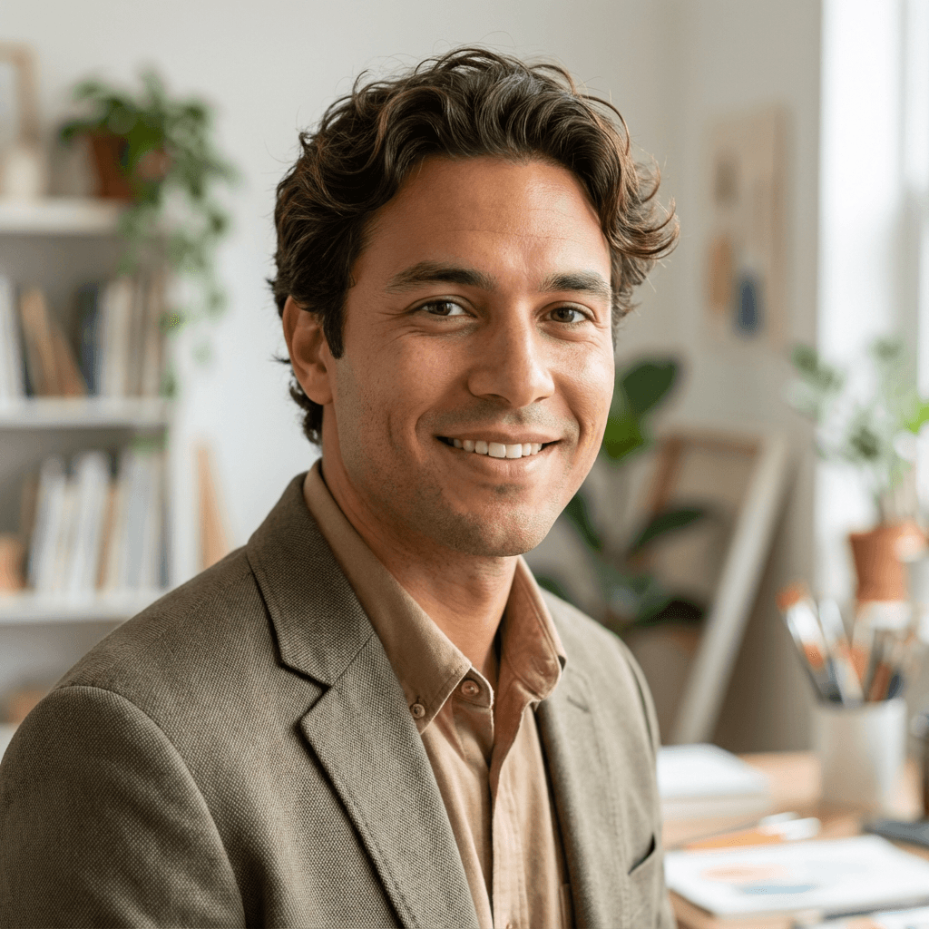 Male former resident in his mid 30s smiling softly