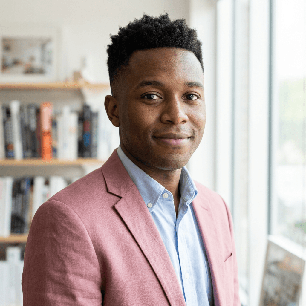 Male recent program graduate in his mid 40s, Black, steady confident expression, casual style