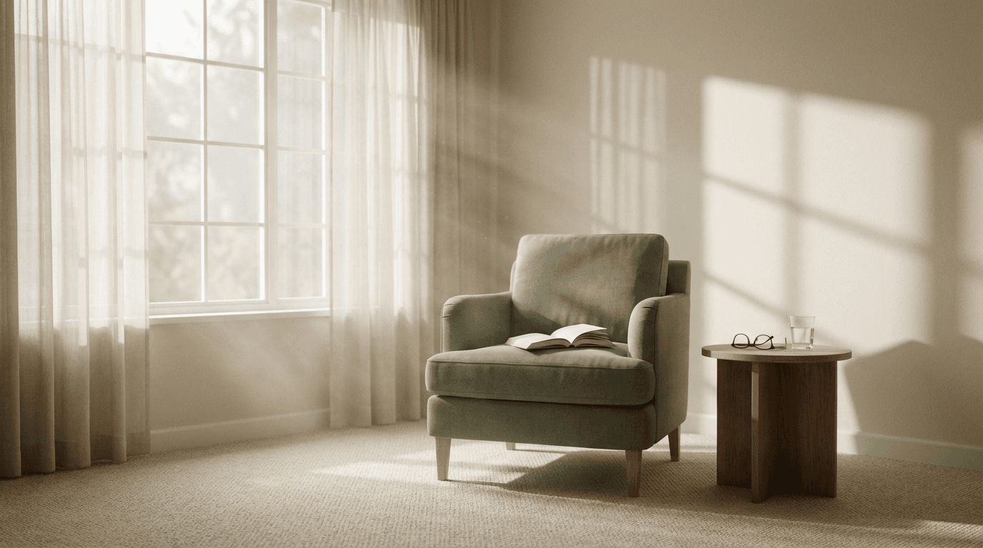 Tidy shared living room in a sober living home with natural light and a security camera visible